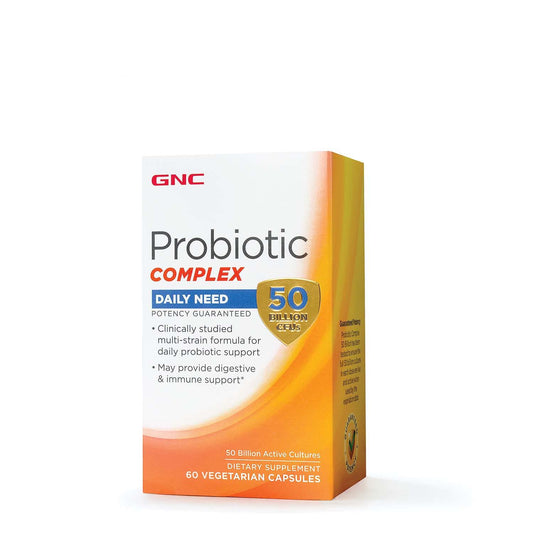GNC Probiotic Complex bottle front showing 60 vegetarian capsules for daily digestive support