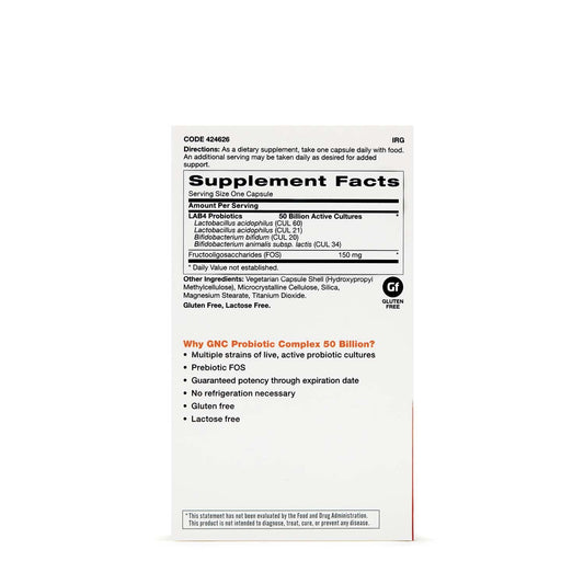 Capsules from GNC Probiotic Complex Daily Need highlighting multi-strain formula for immune support.