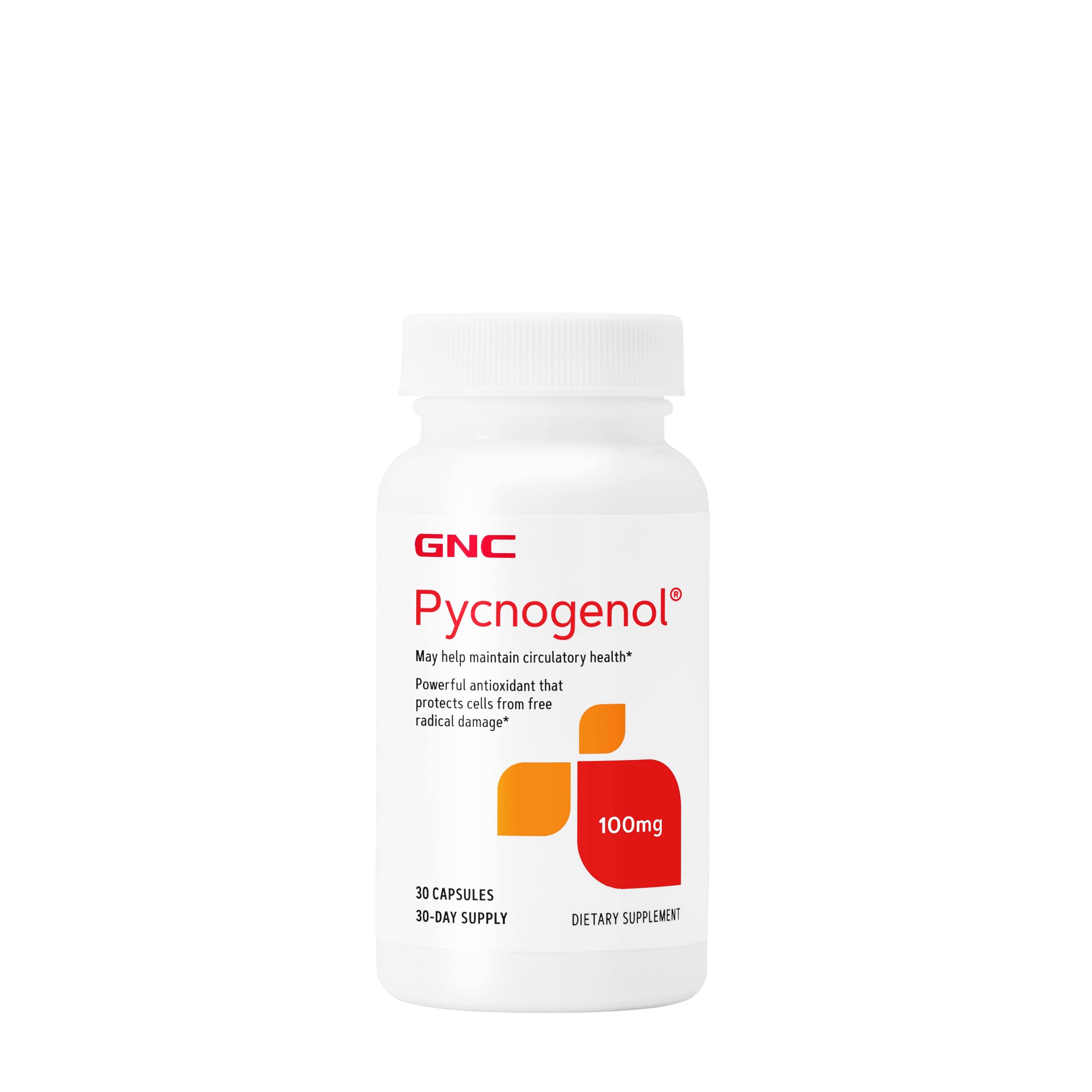 GNC Pycnogenol 100mg bottle with capsules for daily circulatory support.