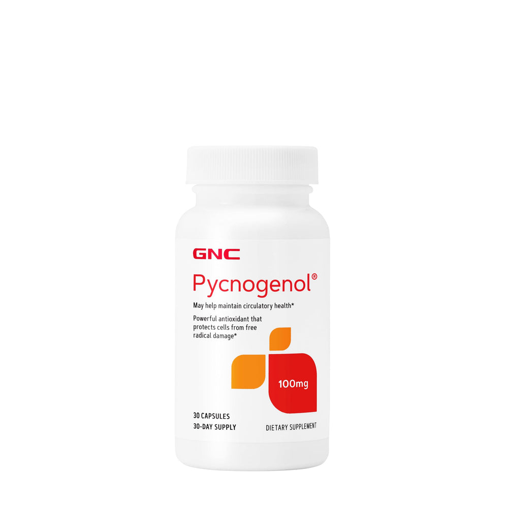 GNC Pycnogenol 100mg bottle with capsules for daily circulatory support.
