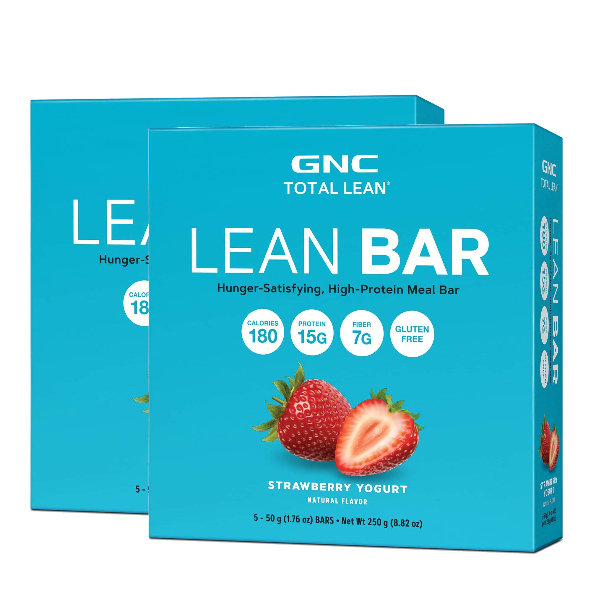 GNC Total Lean Bar strawberry yogurt flavor in twin-pack packaging, satisfying high-protein snack.