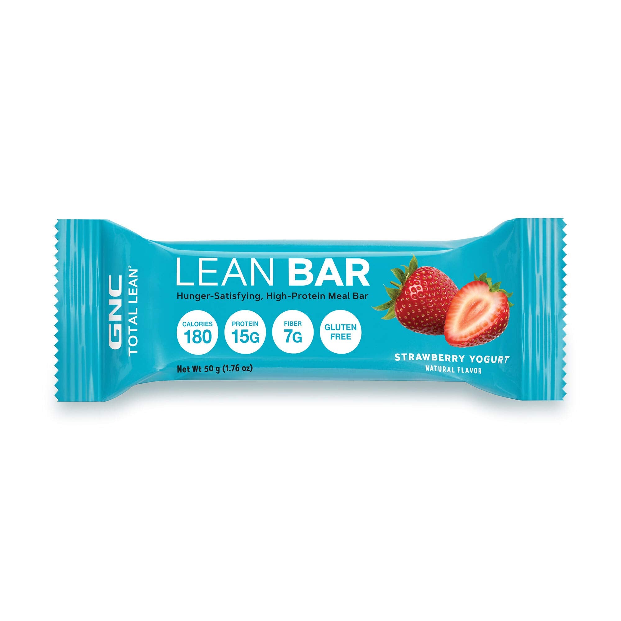 GNC Total Lean Bar strawberry yogurt serving, convenient on-the-go meal replacement option.