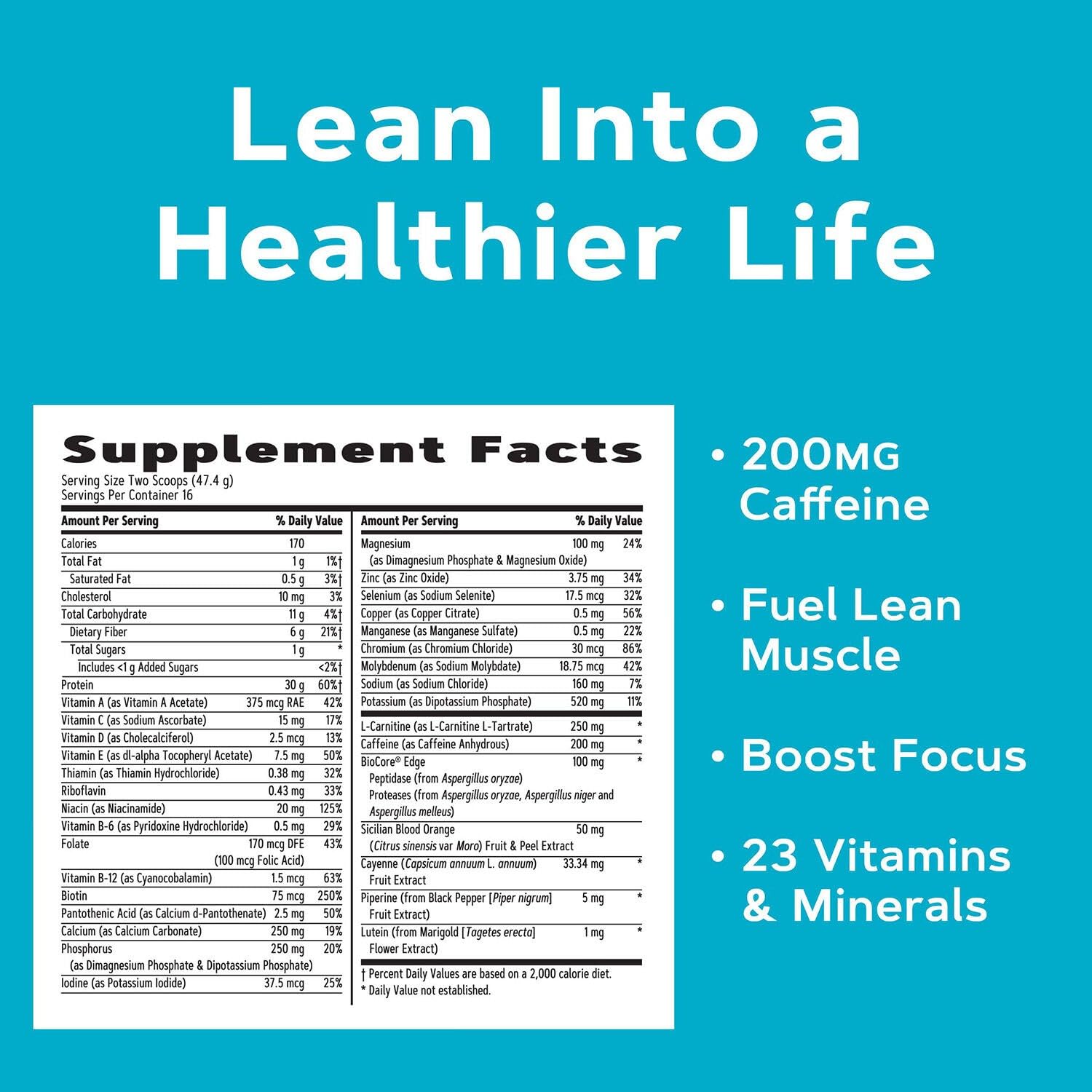 GNC Total Lean Lean Shake Burn Chocolate Fudge bottle back shows 30 g protein and 6 g fiber.