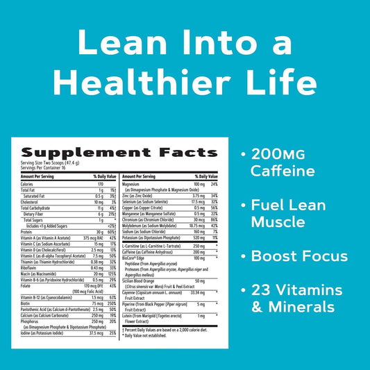 GNC Total Lean Lean Shake Burn Chocolate Fudge bottle back shows 30 g protein and 6 g fiber.