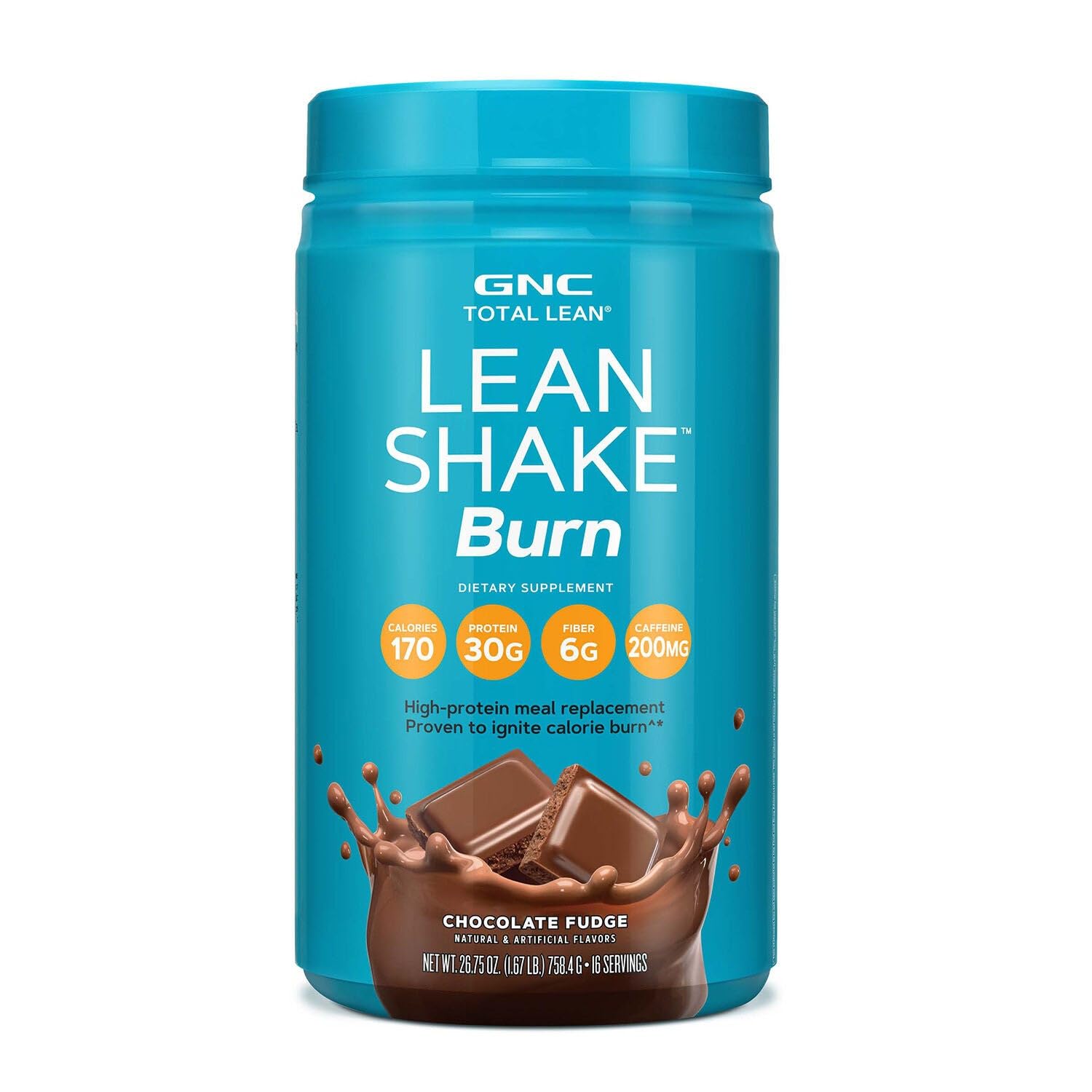 GNC Total Lean Lean Shake Burn Chocolate Fudge bottle front supports lean protein on the go.
