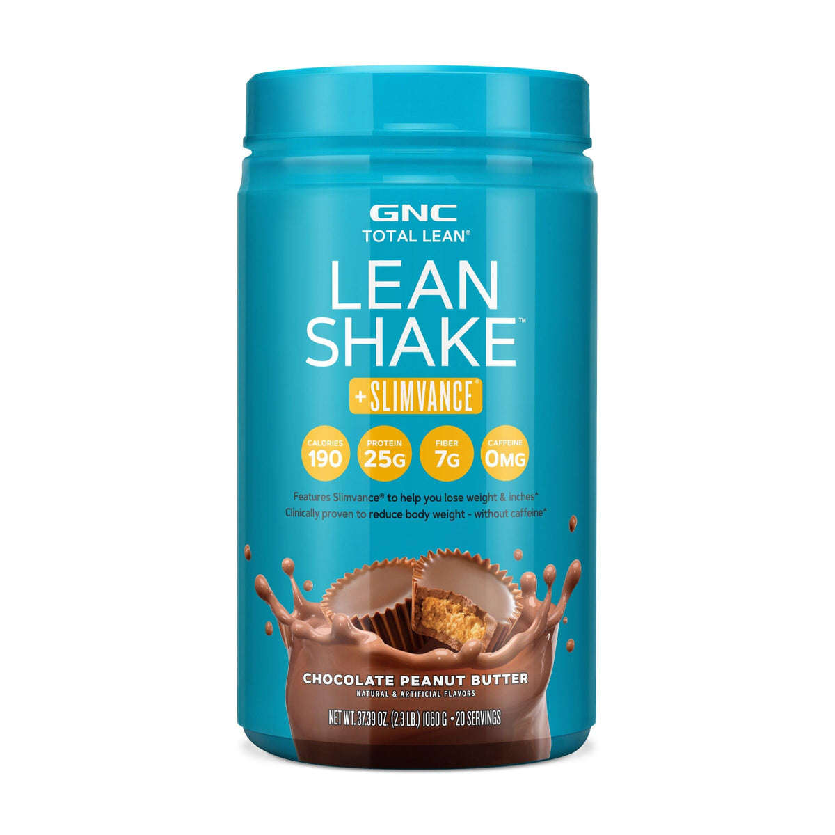 GNC Total Lean bottle with caffeine-free chocolate peanut butter shake for convenient weight management