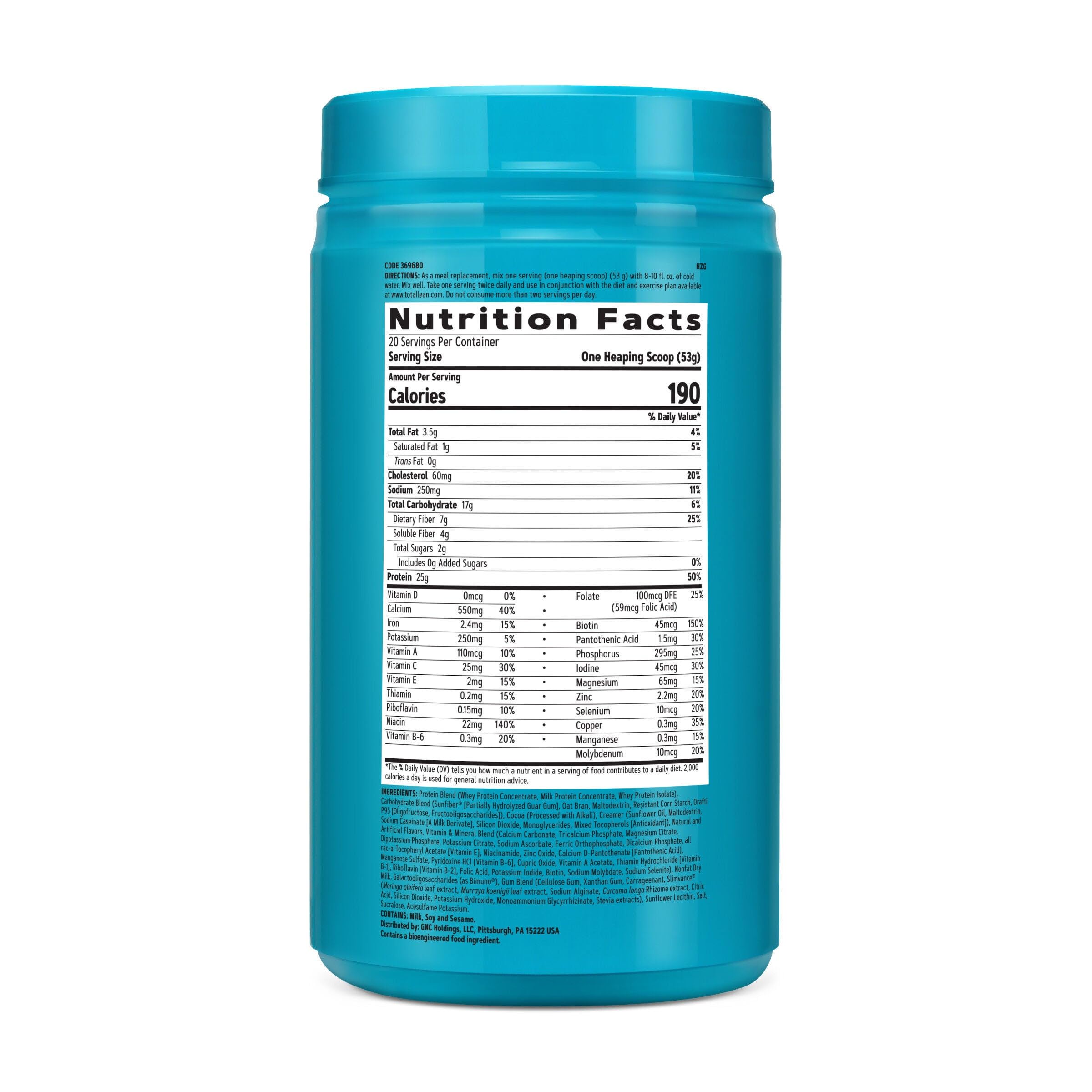 GNC Total Lean powder being poured, chocolate peanut butter flavor offers protein and fiber