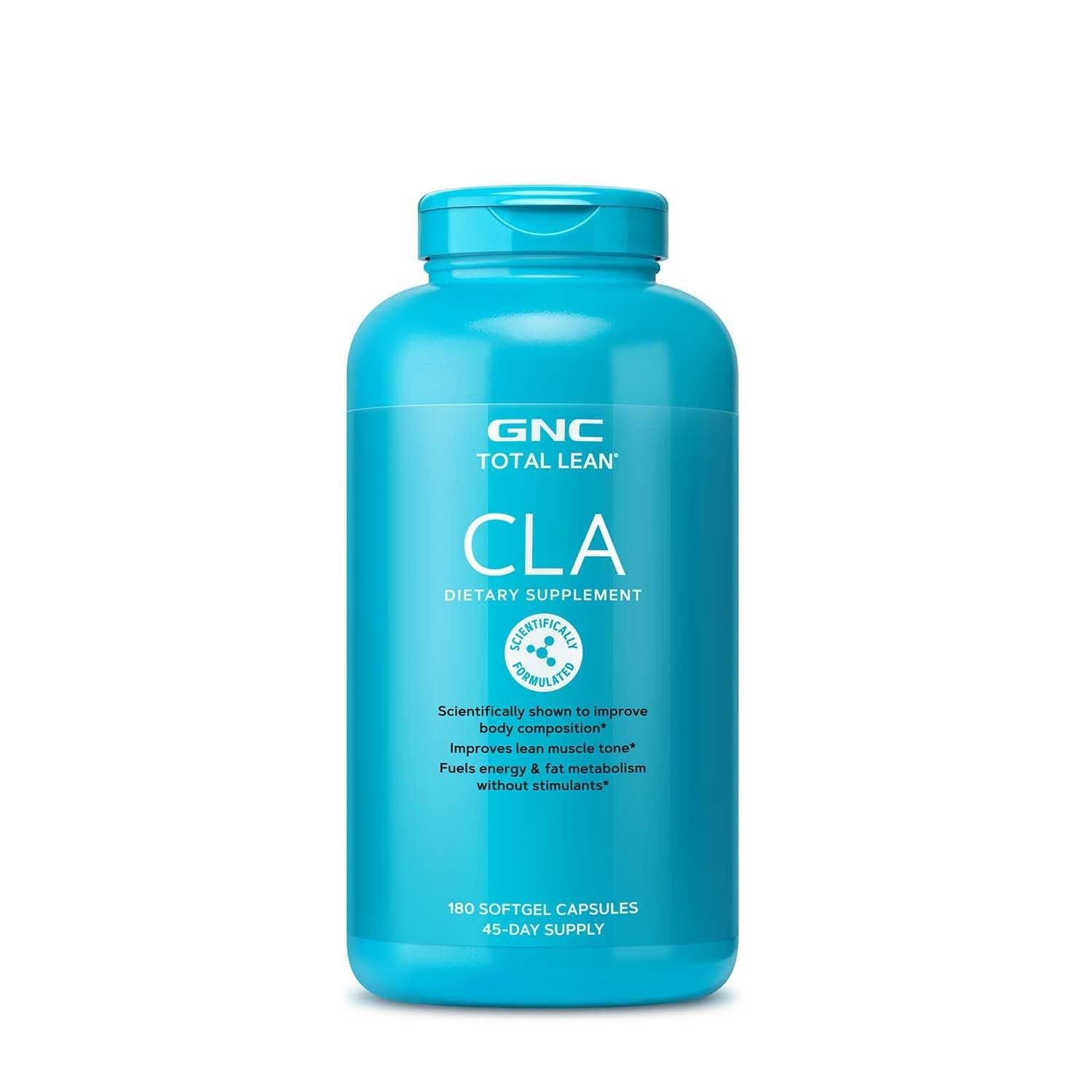 GNC Total Lean Premium CLA 3-6-9 bottle on table shows stimulant-free energy support.