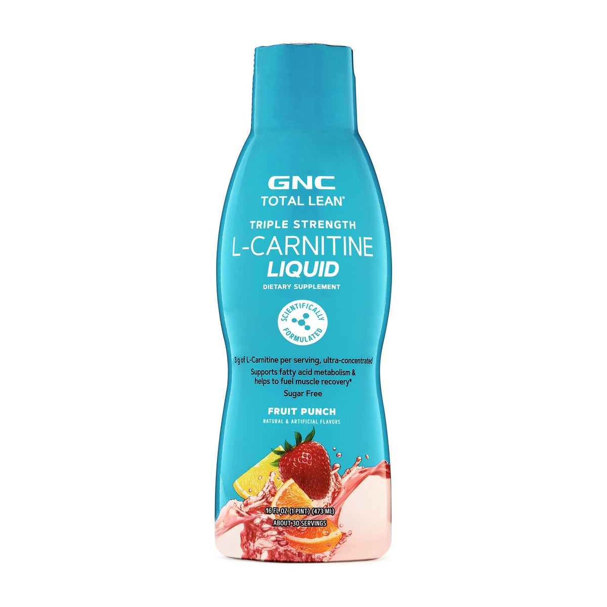 GNC Total Lean L-Carnitine Liquid bottle being poured to support fat metabolism.
