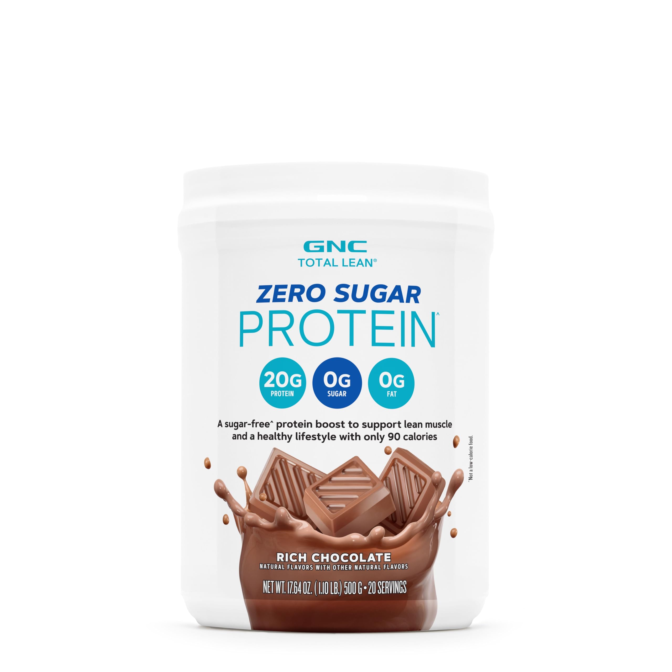 GNC Total Lean Zero Sugar Protein bottle with Rich Chocolate flavor for post-workout shakes.