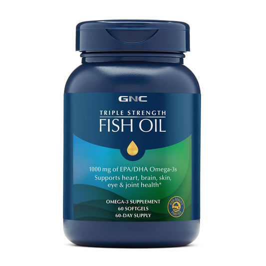 GNC Triple Strength Fish Oil bottle front highlighting 1000mg EPA/DHA for heart and brain