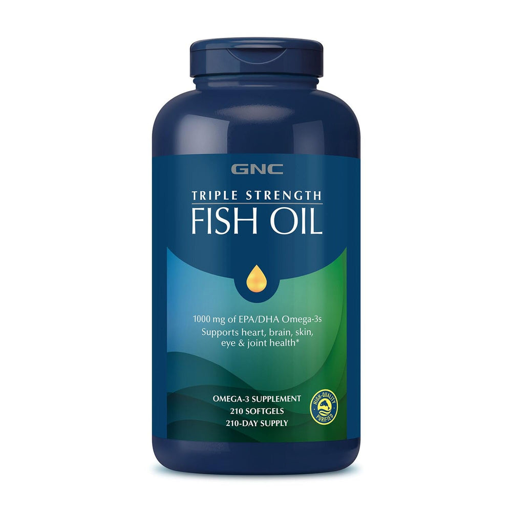 GNC Triple Strength Fish Oil bottle label highlights 1000 mg EPA and DHA