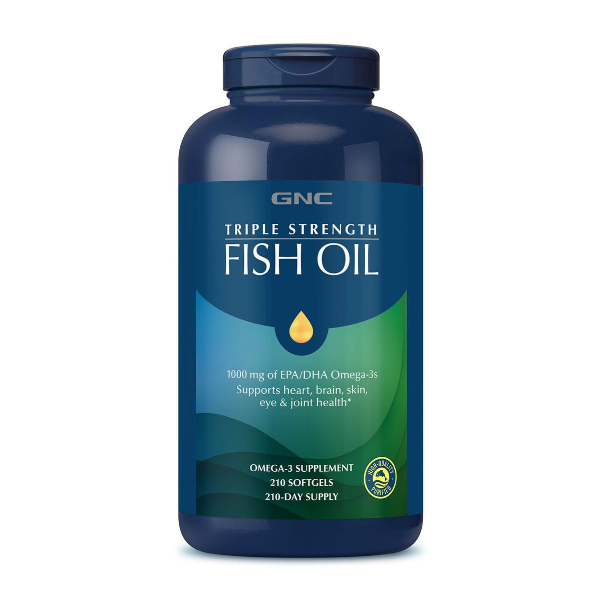 GNC Triple Strength Fish Oil bottle label highlights 1000 mg EPA and DHA