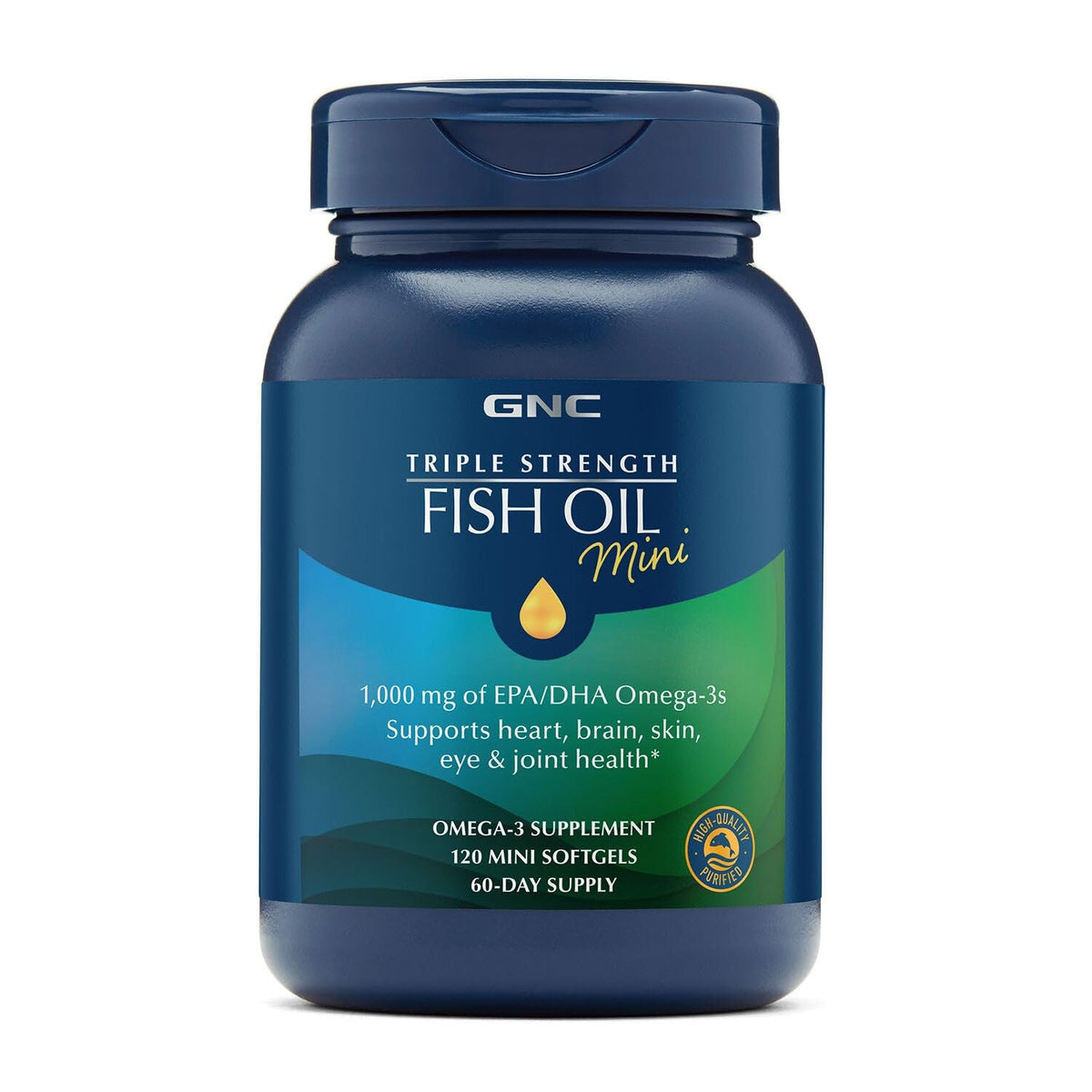 GNC Triple Strength Fish Oil mini softgel bottle showing compact omega-3 packaging for easy daily use