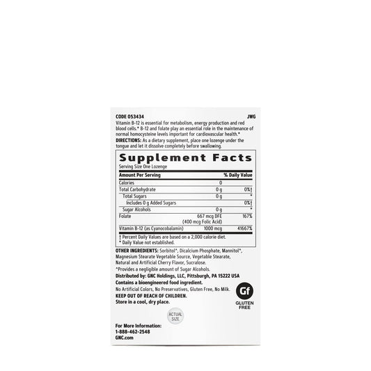 GNC Vitamin B-12 1000mcg cherry lozenge back view highlighting sugar-free formula