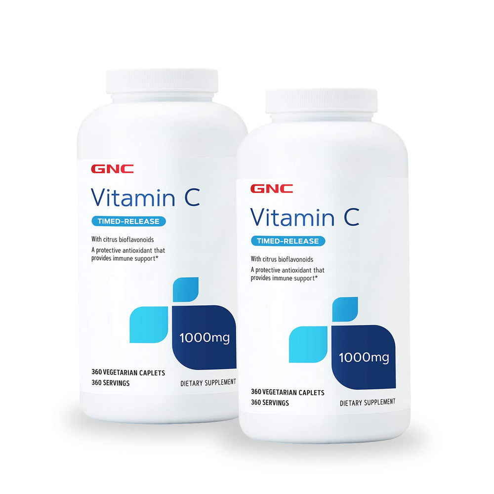 GNC Vitamin C 1000 mg twin pack bottle for immune support and daily wellness.