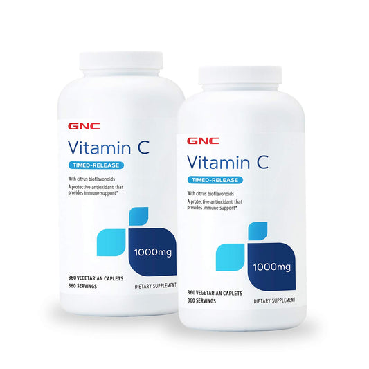 GNC Vitamin C 1000 mg twin pack bottle for immune support and daily wellness.