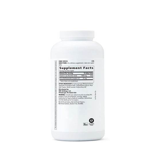 GNC Vitamin C 1000mg caplets close-up highlights texture for easy swallowing and immune support.