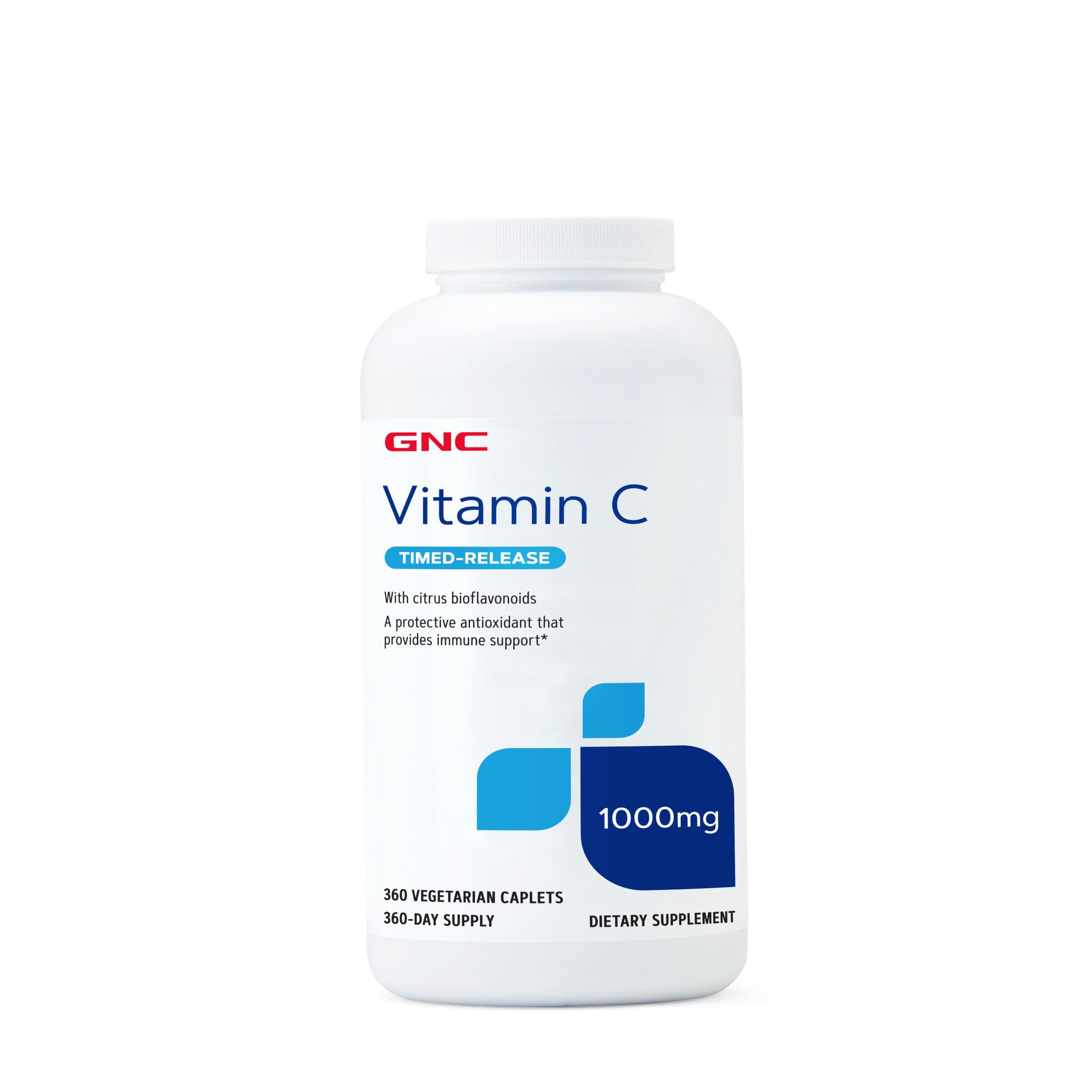 GNC Vitamin C 1000mg timed-release bottle close-up showing easy-to-swallow caplets for daily immune support.