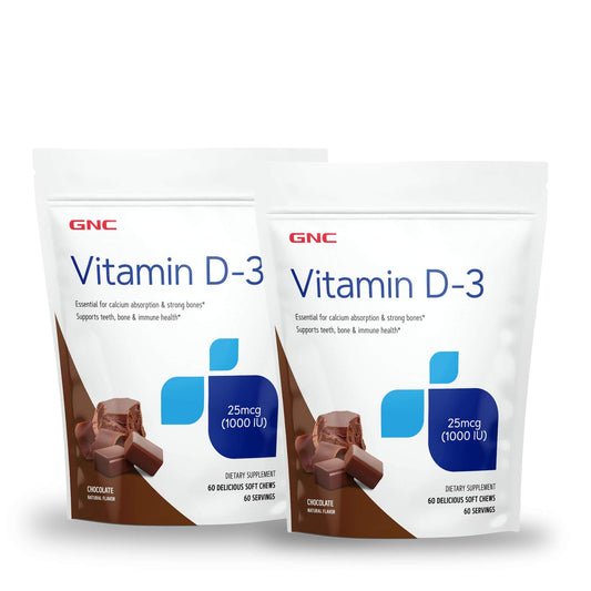 GNC Vitamin D-3 soft chews chocolate pack front showing 1000 IU per chew