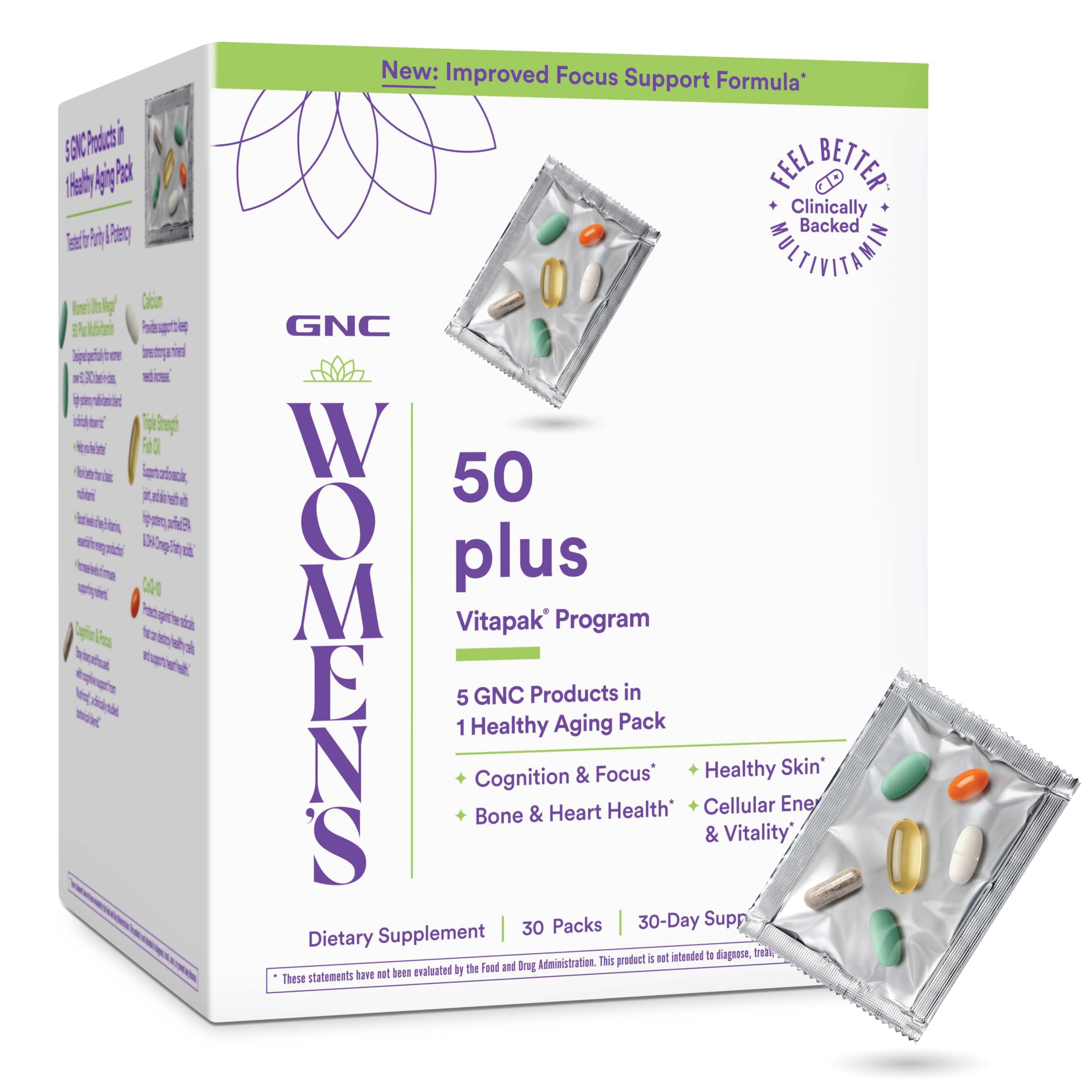 GNC Women's 50+ Vitapak packaging showing convenient 30-day packets