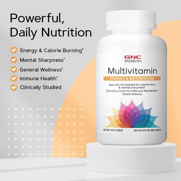 GNC Women’s Energy & Metabolism bottle near coffee cup for focus support.