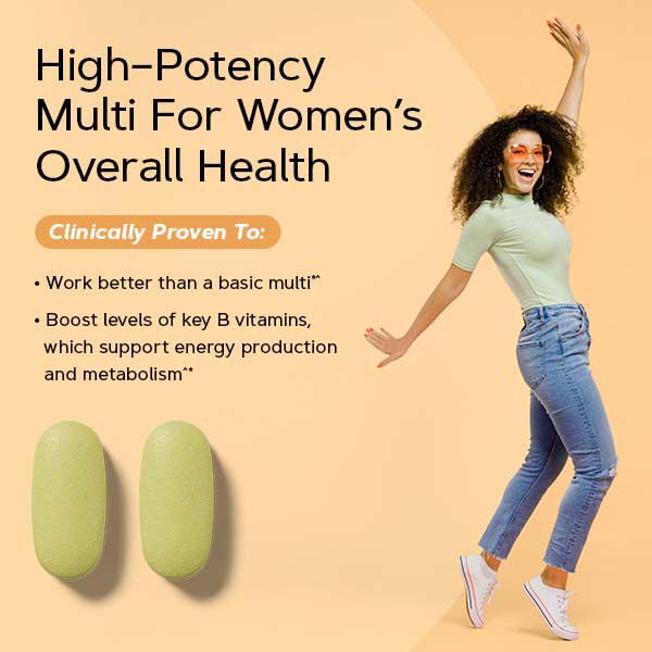 GNC Women’s Energy & Metabolism capsule close-up with vibrant color for daily vitality.