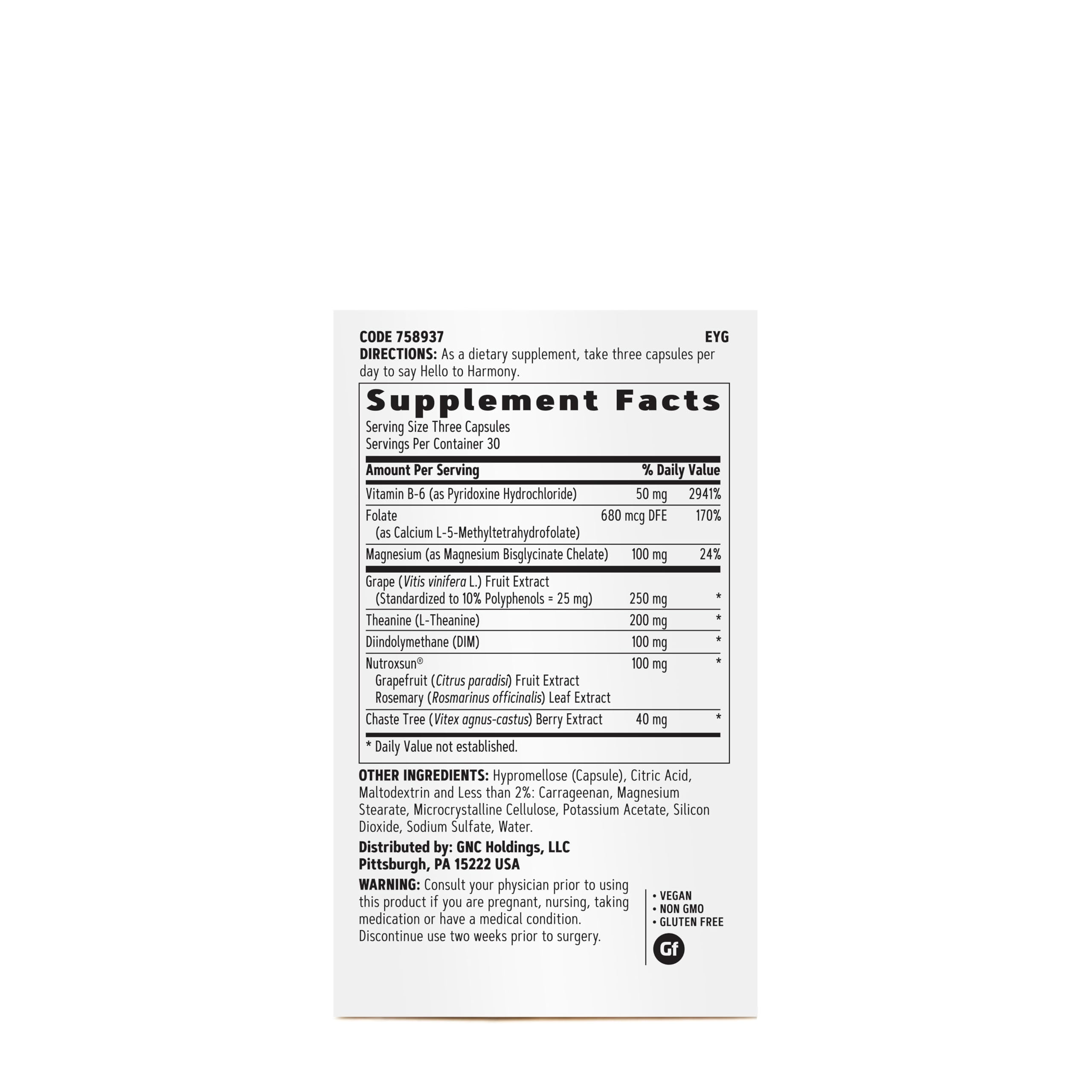 GNC Women's Hello Harmony bottle side shows vegan and gluten-free formula for daily wellness