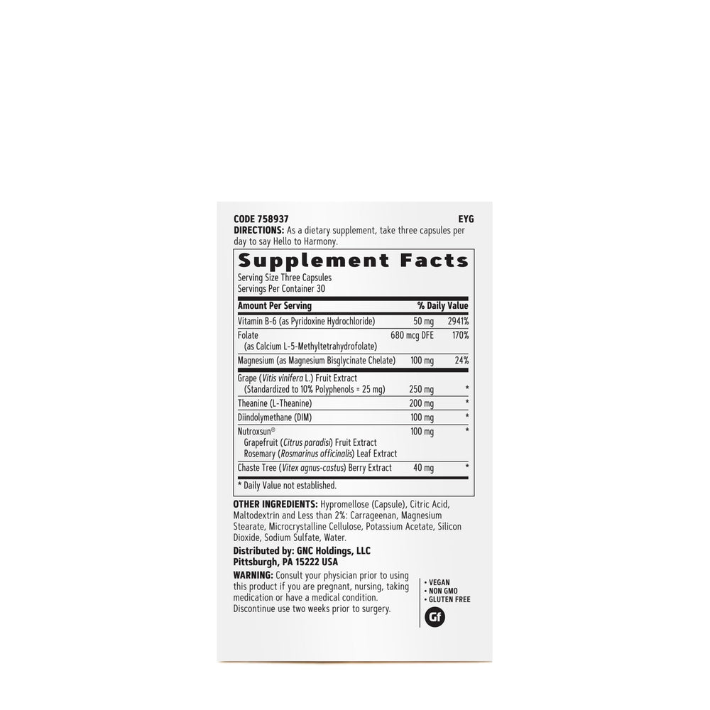 GNC Women's Hello Harmony bottle side shows vegan and gluten-free formula for daily wellness