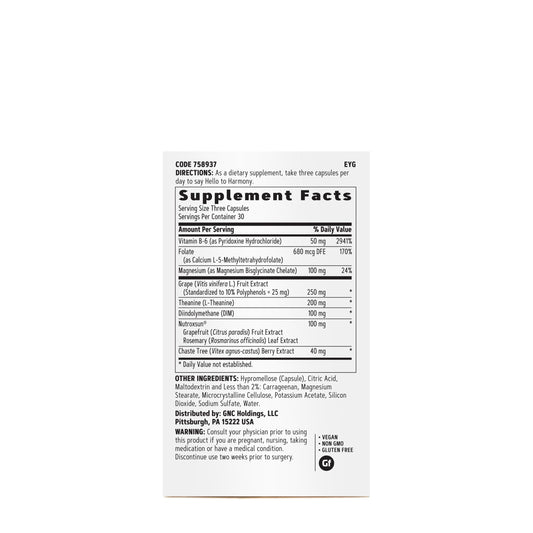 GNC Women's Hello Harmony bottle side shows vegan and gluten-free formula for daily wellness