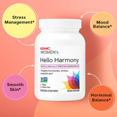GNC Women's Hello Harmony packaging box emphasizes vegan and gluten-free certification and clean ingredients