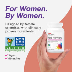 GNC Women's Hello Harmony on vanity scene suggests a daily self-care routine