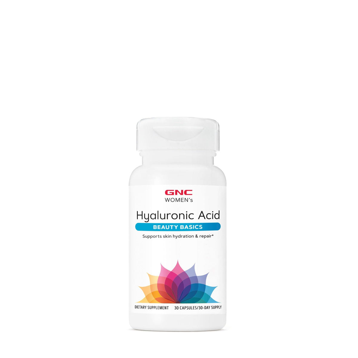 GNC Women's Hyaluronic Acid bottle showing 30 capsules for skin hydration