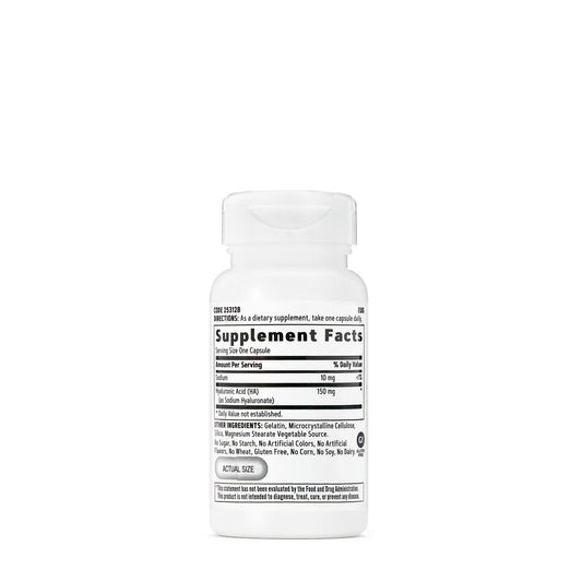 GNC Women's Hyaluronic Acid capsules close-up with 150 mg per capsule for joint comfort