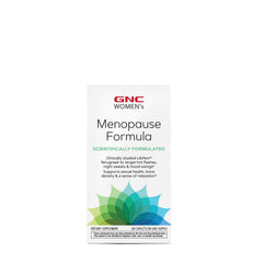 GNC Women's Menopause Formula packaging front conveys gluten-free, no-artificial additives benefits
