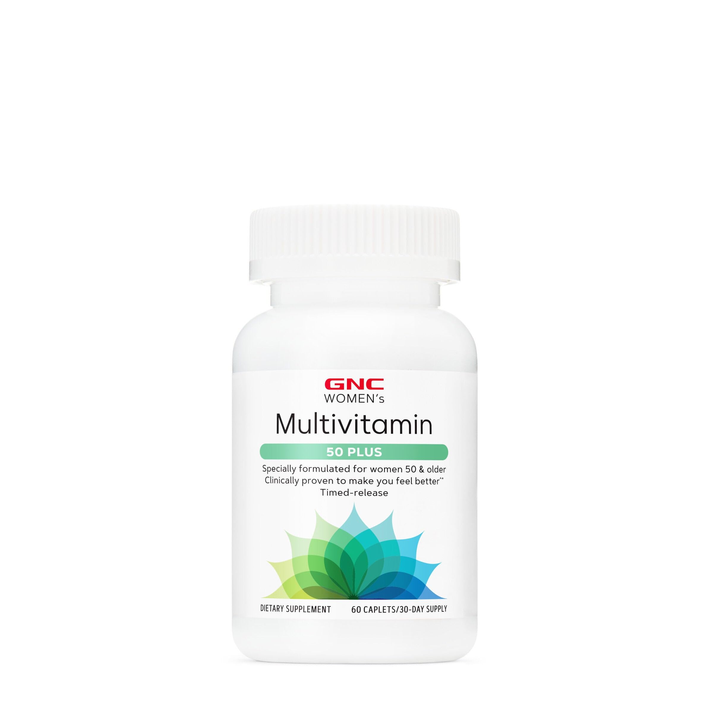 GNC Women's Multivitamin 50+ bottle displaying complete daily support and energy potential.