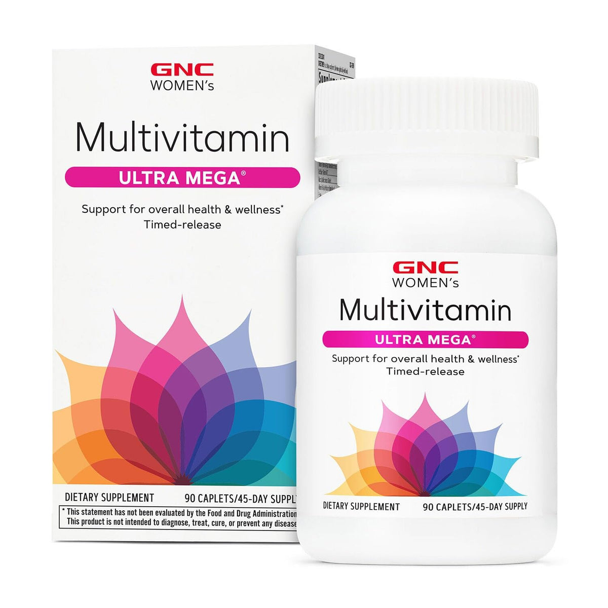 GNC Women’s Ultra Mega Multivitamin caplets bottle on countertop for daily wellness