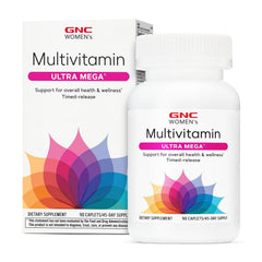 GNC Women’s Ultra Mega Multivitamin caplets bottle on countertop for daily wellness
