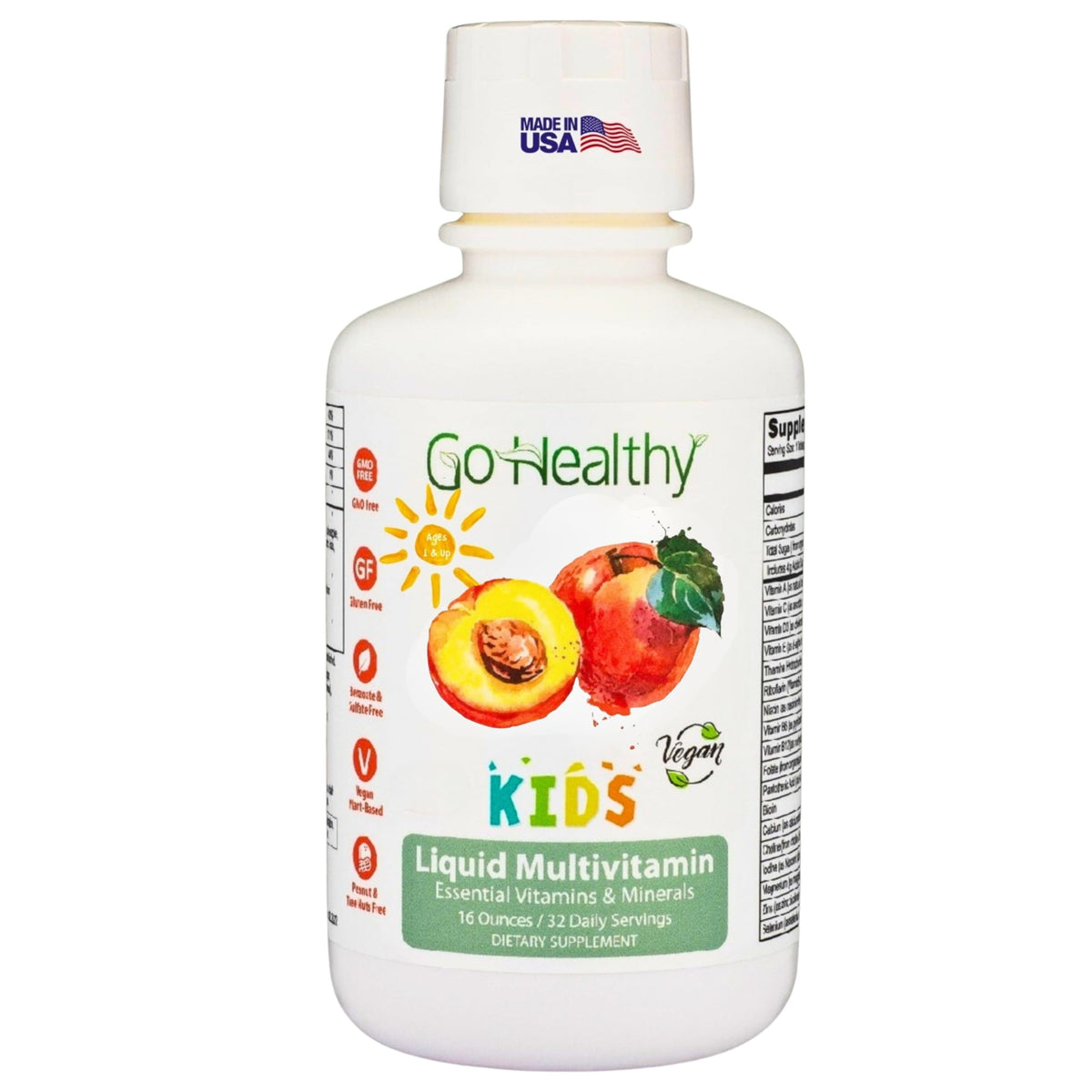 Go Healthy Natural Kids Liquid Multivitamin Peach Mango bottle for easy daily use