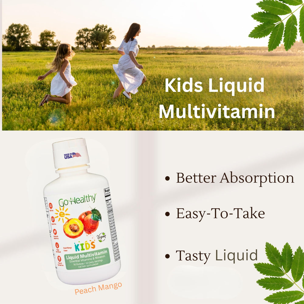 Go Healthy Natural Kids dosing spoon with peach mango liquid multivitamin