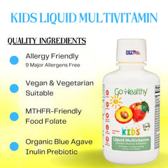 Go Healthy Natural Kids Liquid Multivitamin Peach Mango pour showing simple dosing