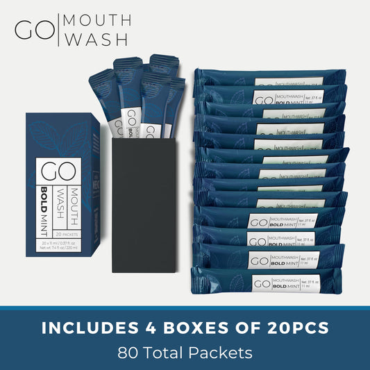 Go Mouthwash Bold Mint individual packet ideal for guest bathrooms.