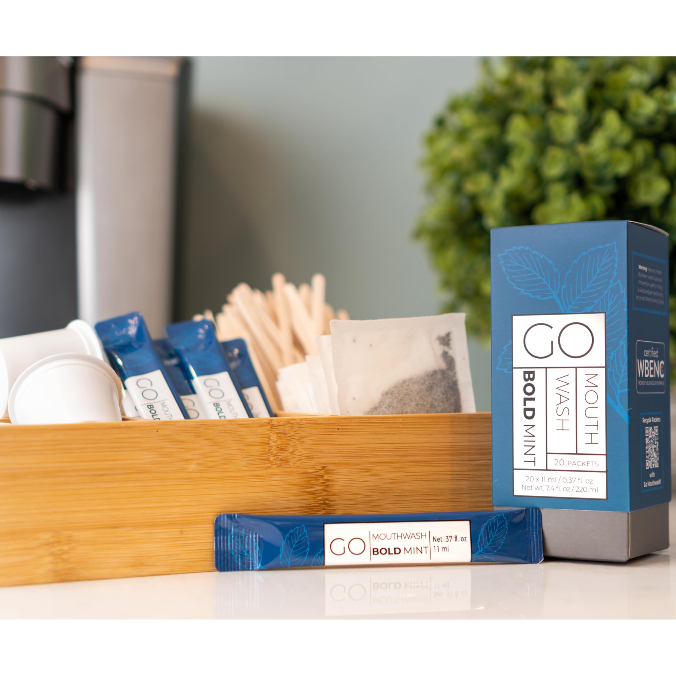 Go Mouthwash Bold Mint guest bathroom setup emphasizes luxury, freshness, and quick breath refresh.