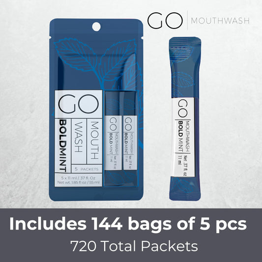 Go Mouthwash Bold Mint packaging display highlighting sleek guest-friendly sachets for hotels or homes.
