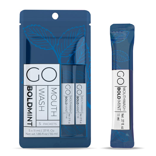 Go Mouthwash Bold Mint travel packet closeup showing spill-proof design for on-the-go freshness.