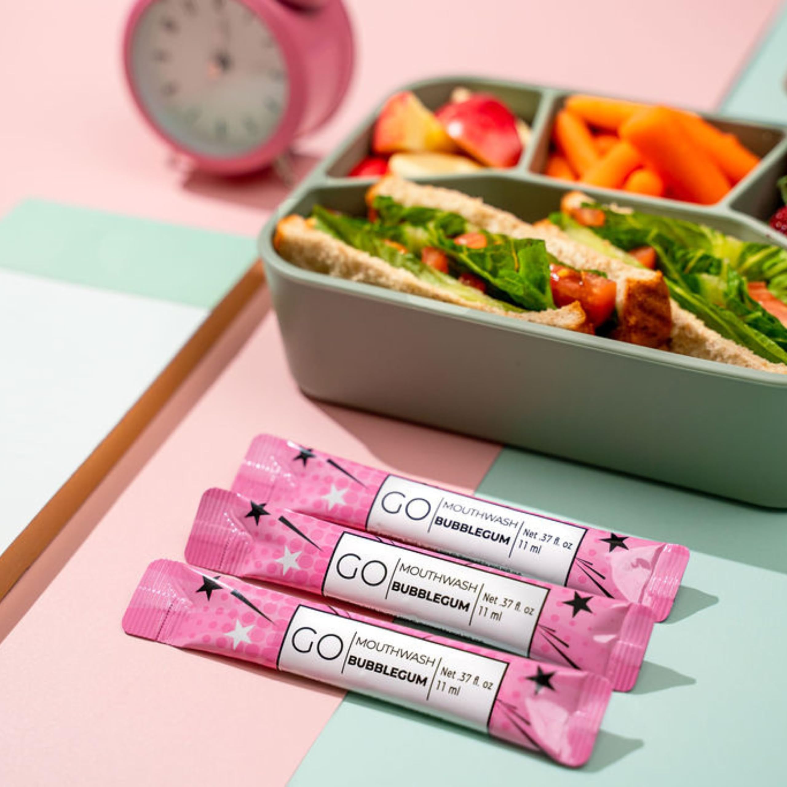 Go Mouthwash Bubblegum Flavor kids-friendly packets provide a dye-free mouth rinse.