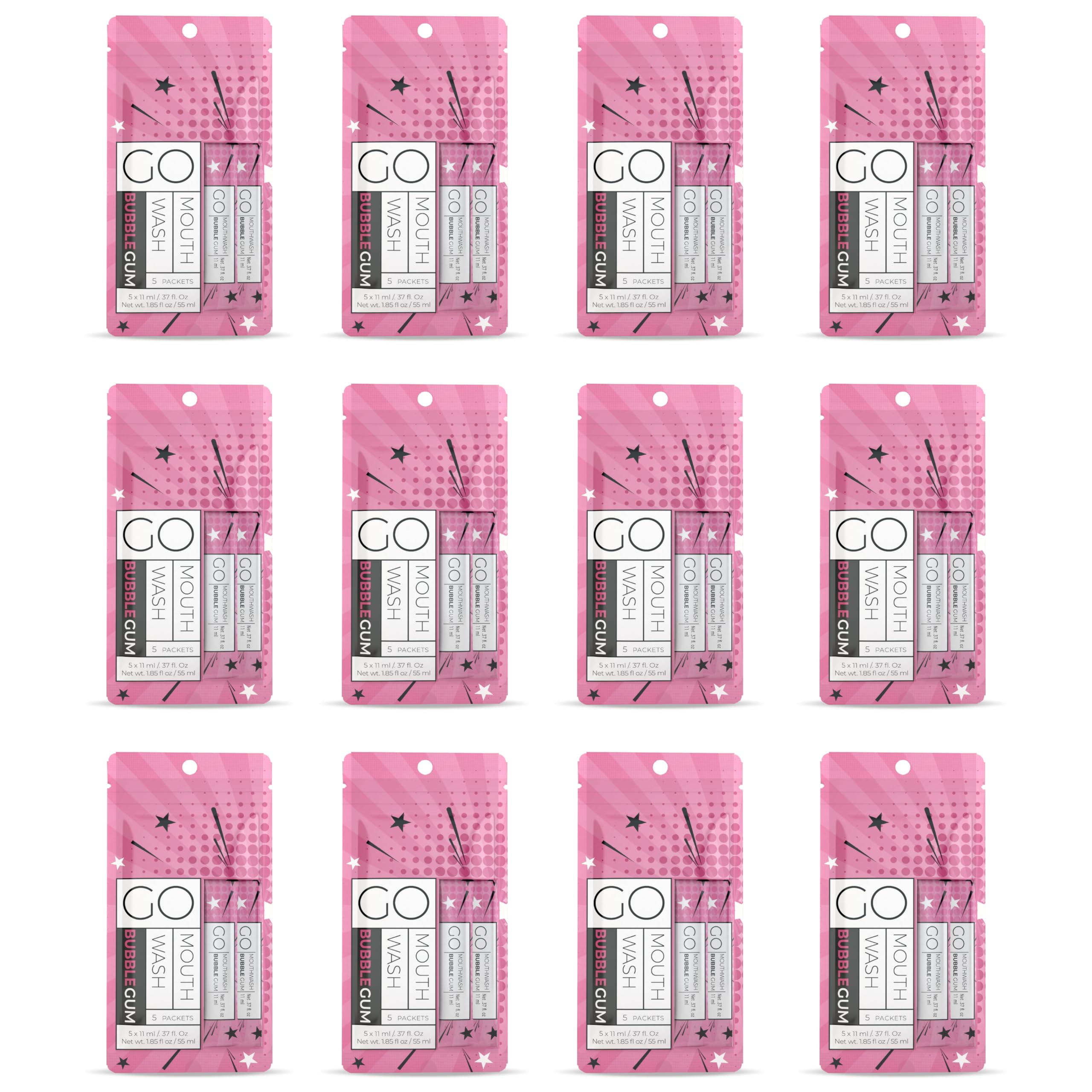 Go Mouthwash Bubblegum Flavor packets for travel refresh breath on the go.