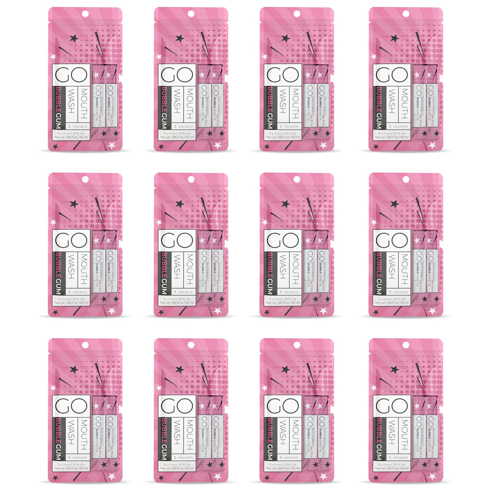 Go Mouthwash Bubblegum Flavor packets for travel refresh breath on the go.