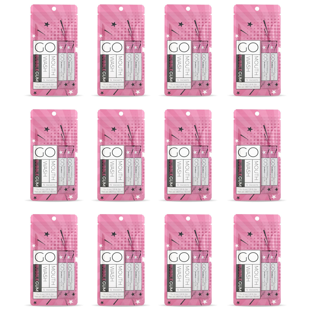 Go Mouthwash Bubblegum Flavor packets for travel refresh breath on the go.