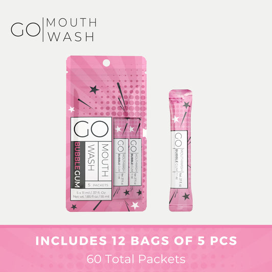 Go Mouthwash Bubblegum Flavor travel-size packets offer alcohol-free, gentle rinse anytime.